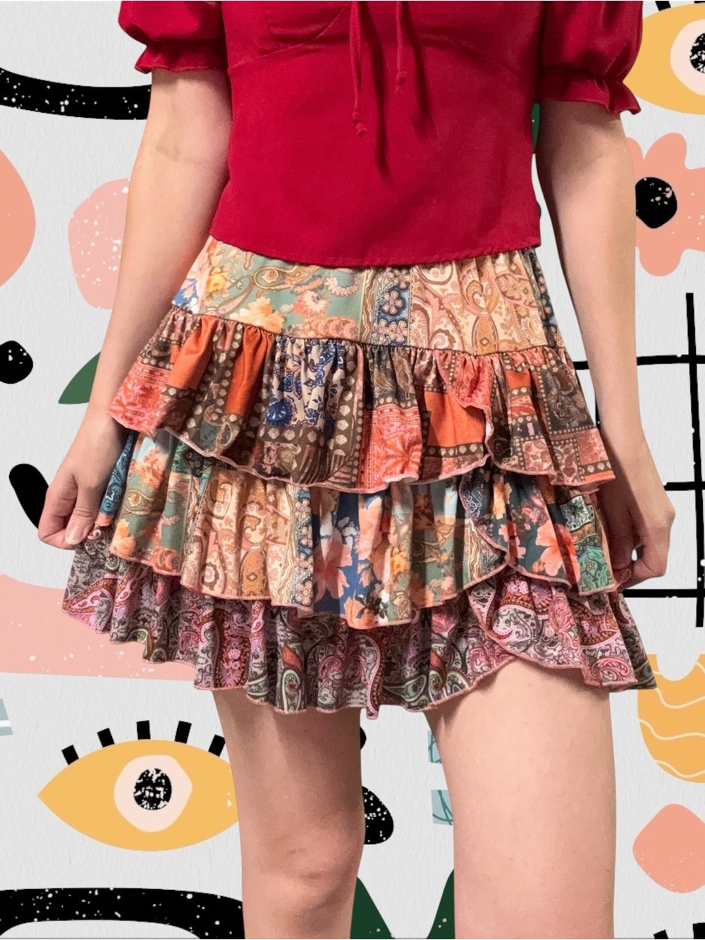 Shein | Buttery Soft High Waisted Tiered Mixed Pattern Ruffle Mini Skirt